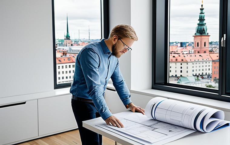 **Subject:** A professional architect wearing appropriate attire, reviewing blueprints in a bright, modern Stockholm office.
    **Environment:** Large windows overlooking the city, minimalist decor.
    **Qualities:** Professional, safe for work, fully clothed, perfect anatomy, correct proportions, family-friendly, high resolution.