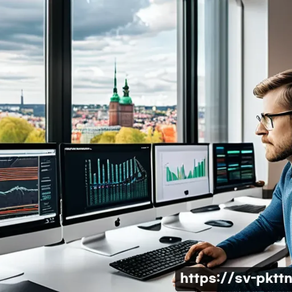 자연어 처리 모델 튜닝을 위한 데이터 샘플링 기법 - A detailed, professional workspace scene showing a Swedish data scientist analyzing balanced dataset...